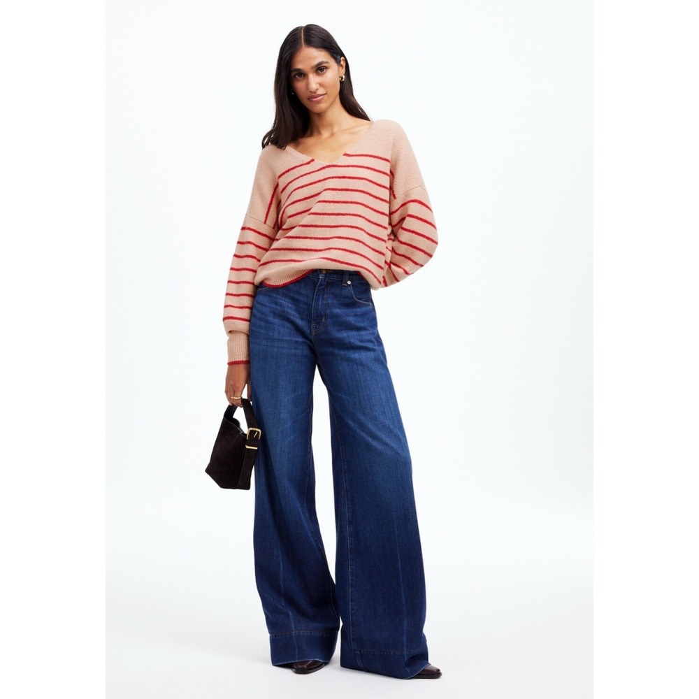 Madewell Wedged V-Neck Sweater Pale Blush Stripe Size Medium